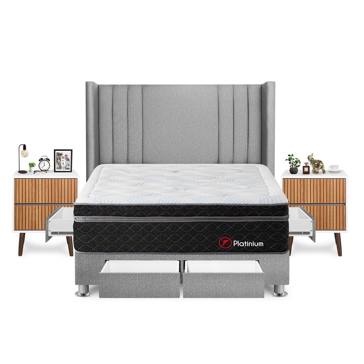 FORLI - Dormitorio Con Cajones Platinium King Plata + Velador Milan+ 2 Almohadas + Protector