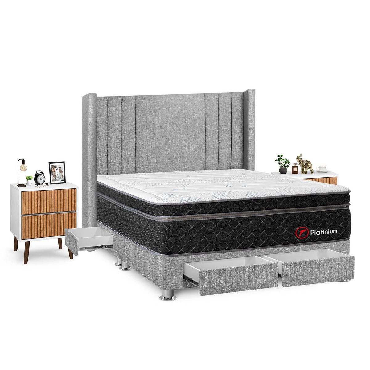 FORLI - Dormitorio Con Cajones Platinium King Plata + Velador Milan+ 2 Almohadas + Protector