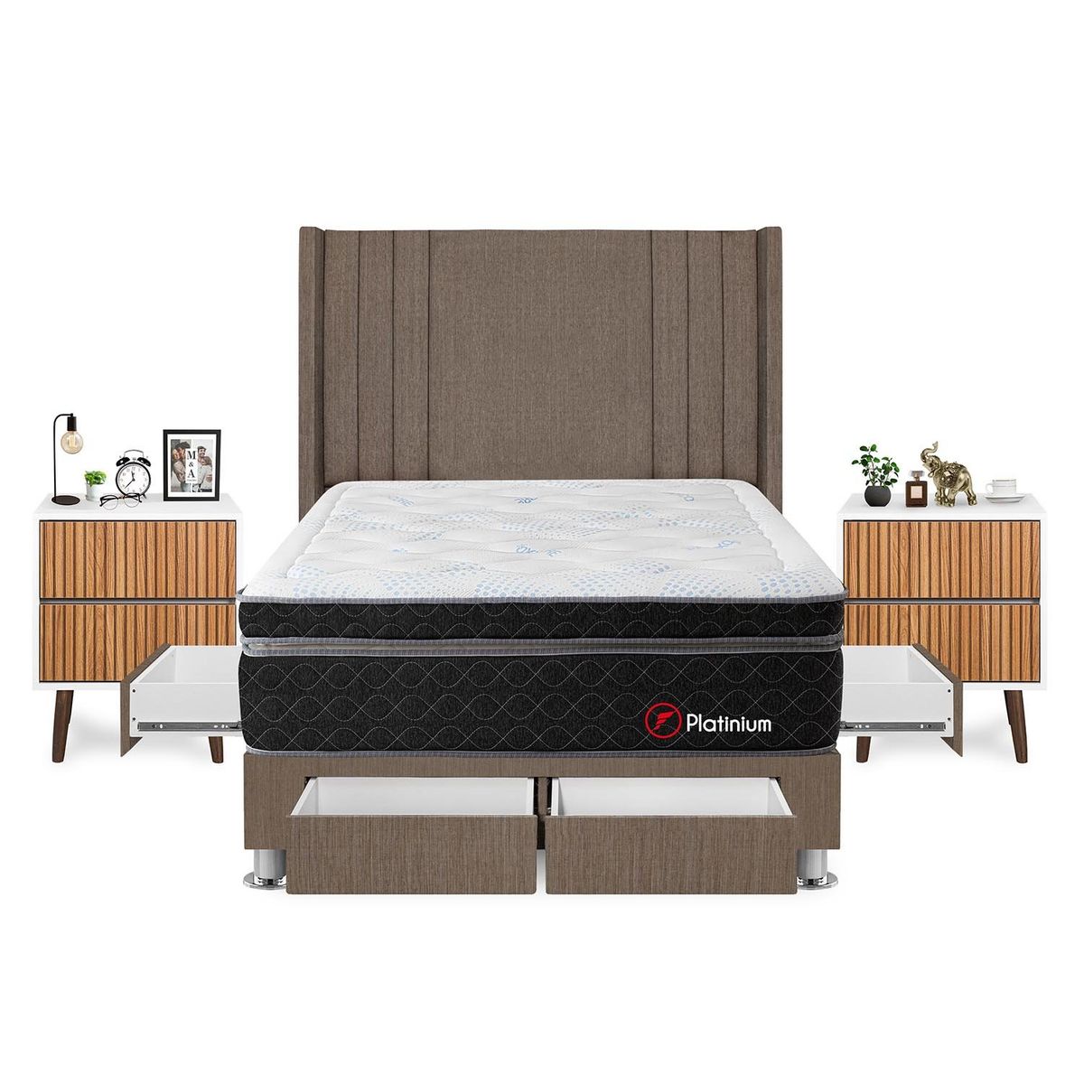FORLI - Dormitorio Con Cajones Platinium 2plz Marrón + 2 Veladores Milan + 2 Almohadas + Protector