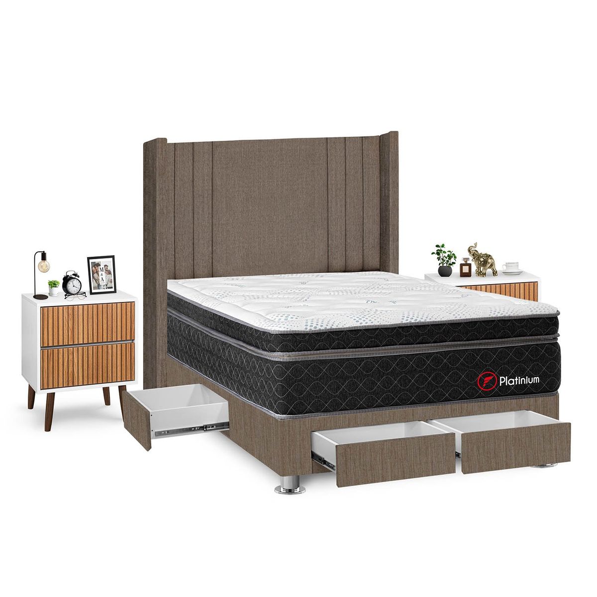 FORLI - Dormitorio Con Cajones Platinium 2plz Marrón + 2 Veladores Milan + 2 Almohadas + Protector