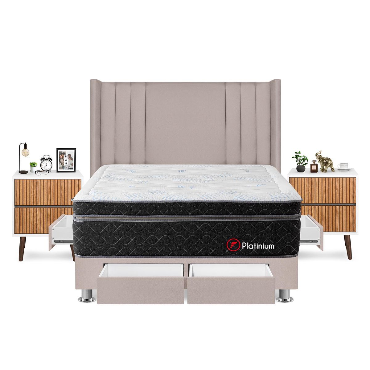 FORLI - Dormitorio Con Cajones Platinium King Beige + 2 Veladores Milan + 2 Almohadas + Protector