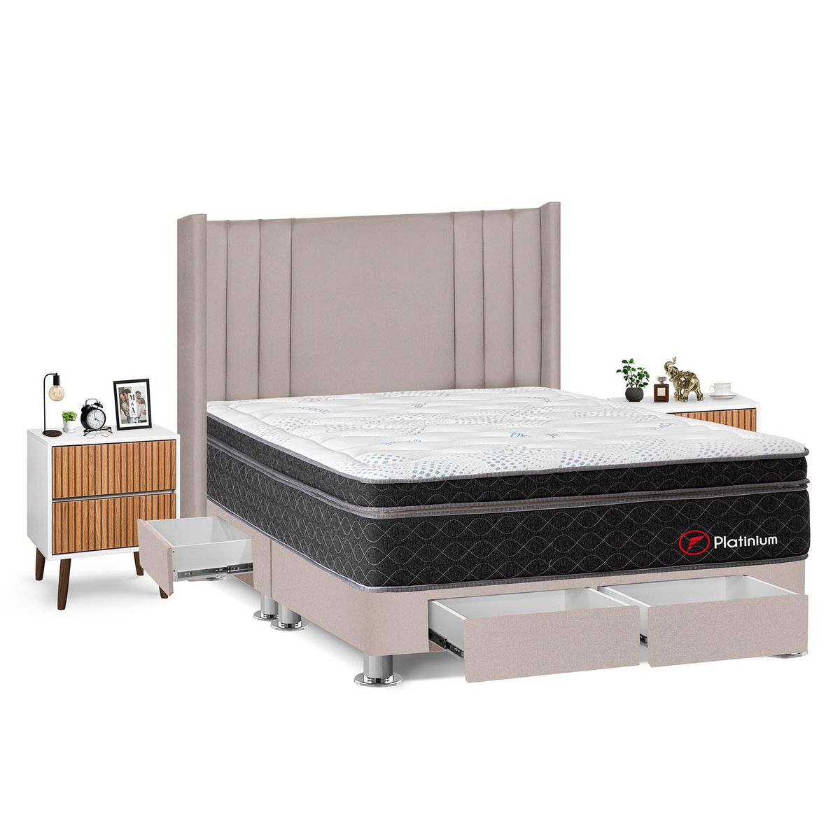 FORLI - Dormitorio Con Cajones Platinium King Beige + 2 Veladores Milan + 2 Almohadas + Protector