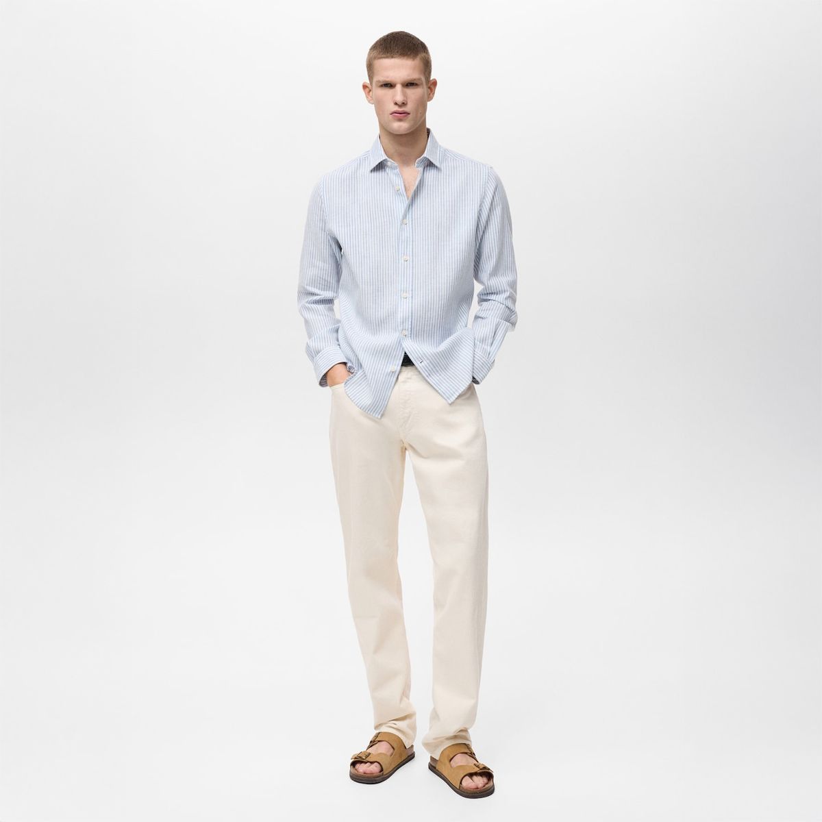 MANGO - Camisa Lino Rayas Regular Fit Hombre Mango Man