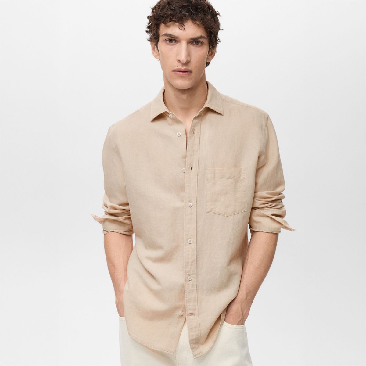 MANGO - Camisa Lino Bolsillo Mango Man
