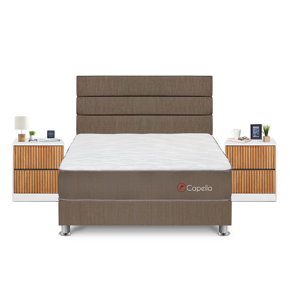 FORLI - Dormitorio Capella Queen Marron + 2 Veladores Roma + 2 Almohadas + Protector