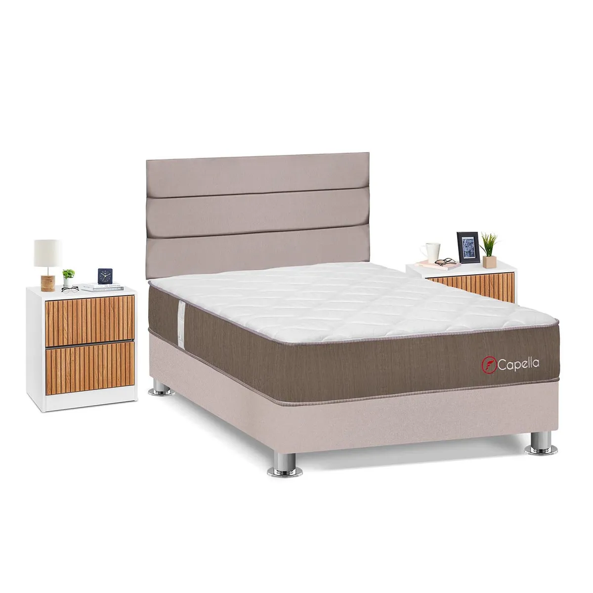 FORLI - Dormitorio Capella 2plz Beige + 2 Veladores Roma + 2 Almohadas + Protector