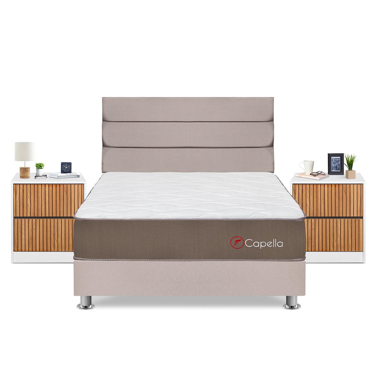 FORLI - Dormitorio Capella Queen Beige + 2 Veladores Roma + 2 Almohadas + Protector