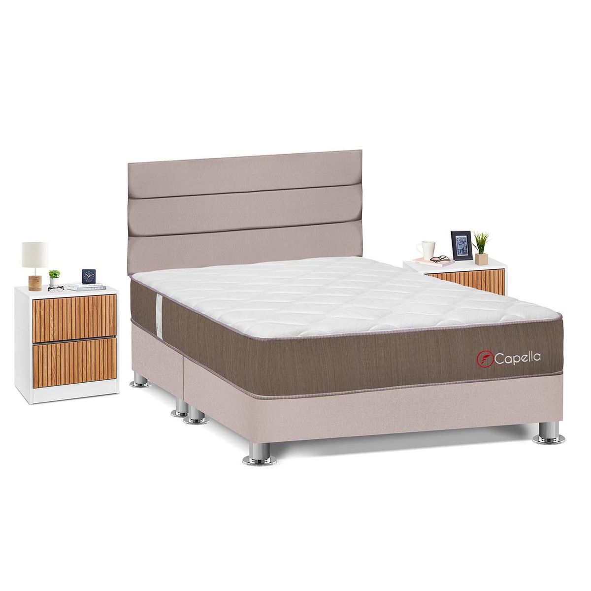 FORLI - Dormitorio Capella Queen Beige + 2 Veladores Roma + 2 Almohadas + Protector