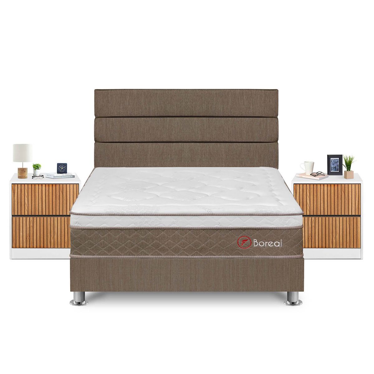 FORLI - Dormitorio Boreal Queen Marron + 2 Veladores Roma + 2 Almohadas + Protector
