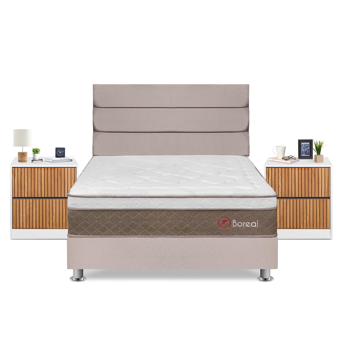 FORLI - Dormitorio Boreal Queen Beige + 2 Veladores Roma + 2 Almohadas + Protector