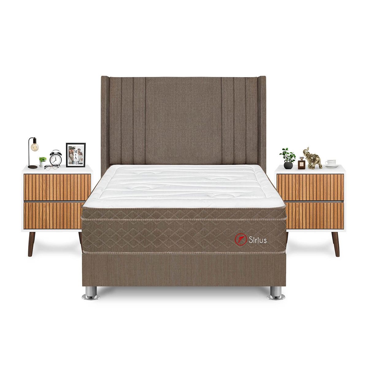 FORLI - Dormitorio Sirius 2plz Marron + 2 Veladores Milan + 2 Almohadas + Protector