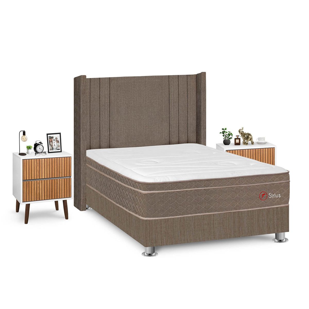 FORLI - Dormitorio Sirius 2plz Marron + 2 Veladores Milan + 2 Almohadas + Protector