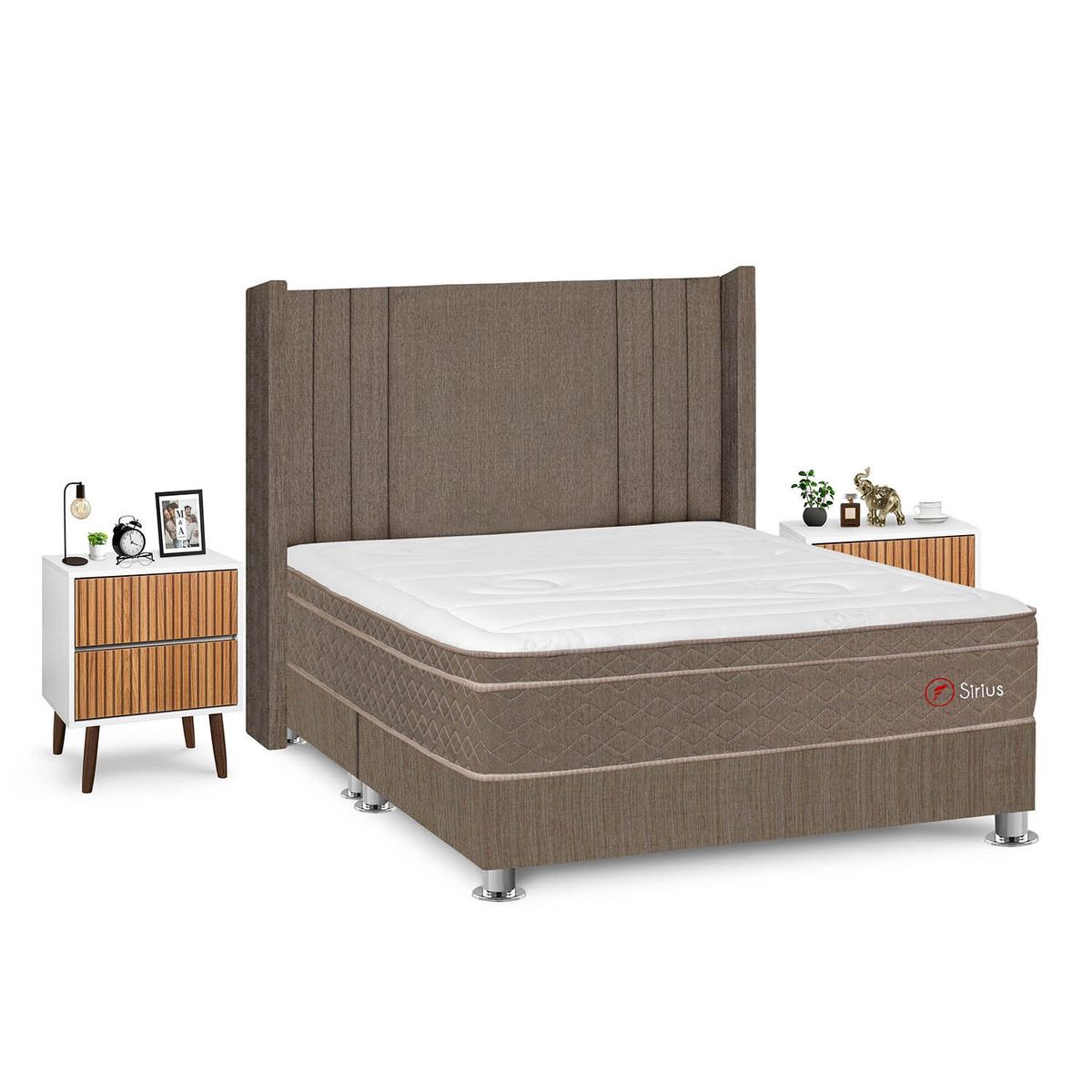 FORLI - Dormitorio Sirius Queen Marron + 2 Veladores Milan + 2 Almohadas + Protector