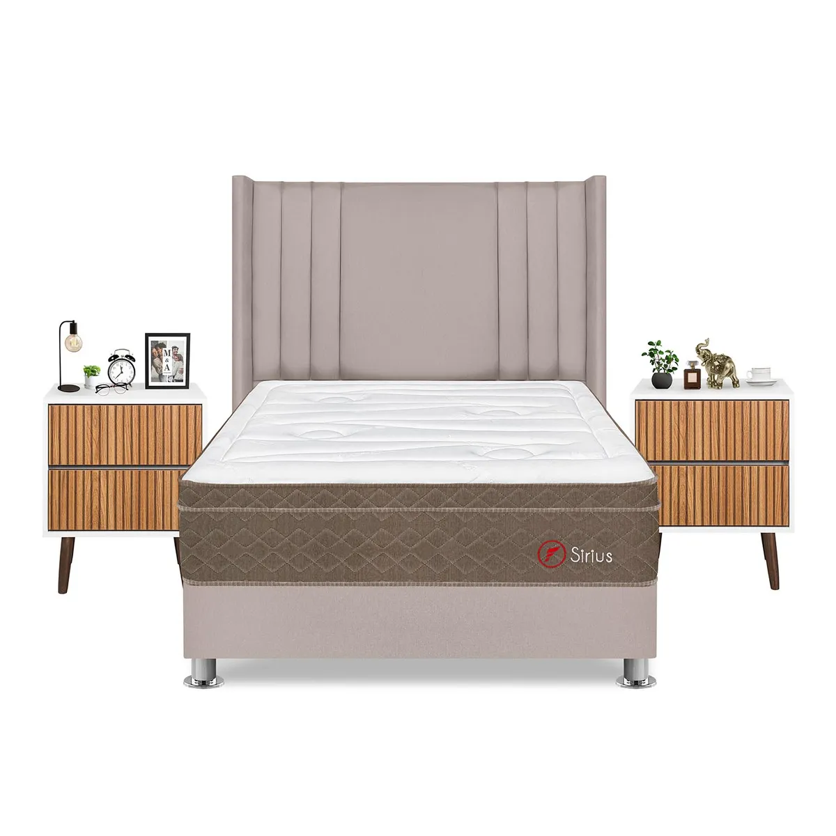 FORLI - Dormitorio Sirius 2plz Beige + Velador Milan + Almohada + Protector