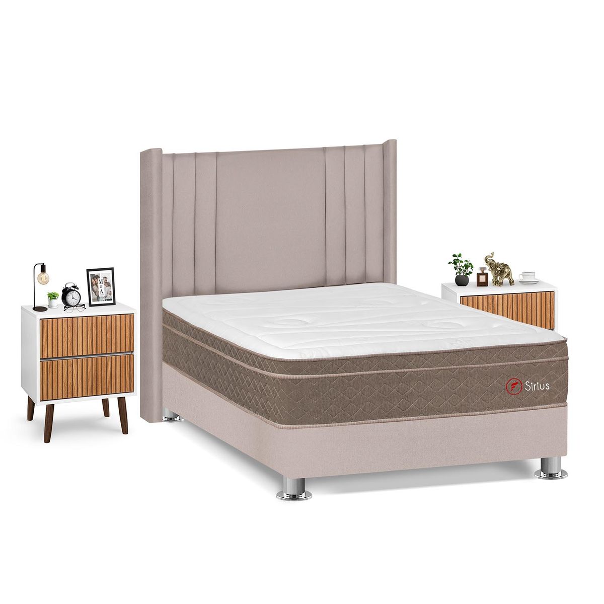 FORLI - Dormitorio Sirius 2plz Beige + Velador Milan + Almohada + Protector