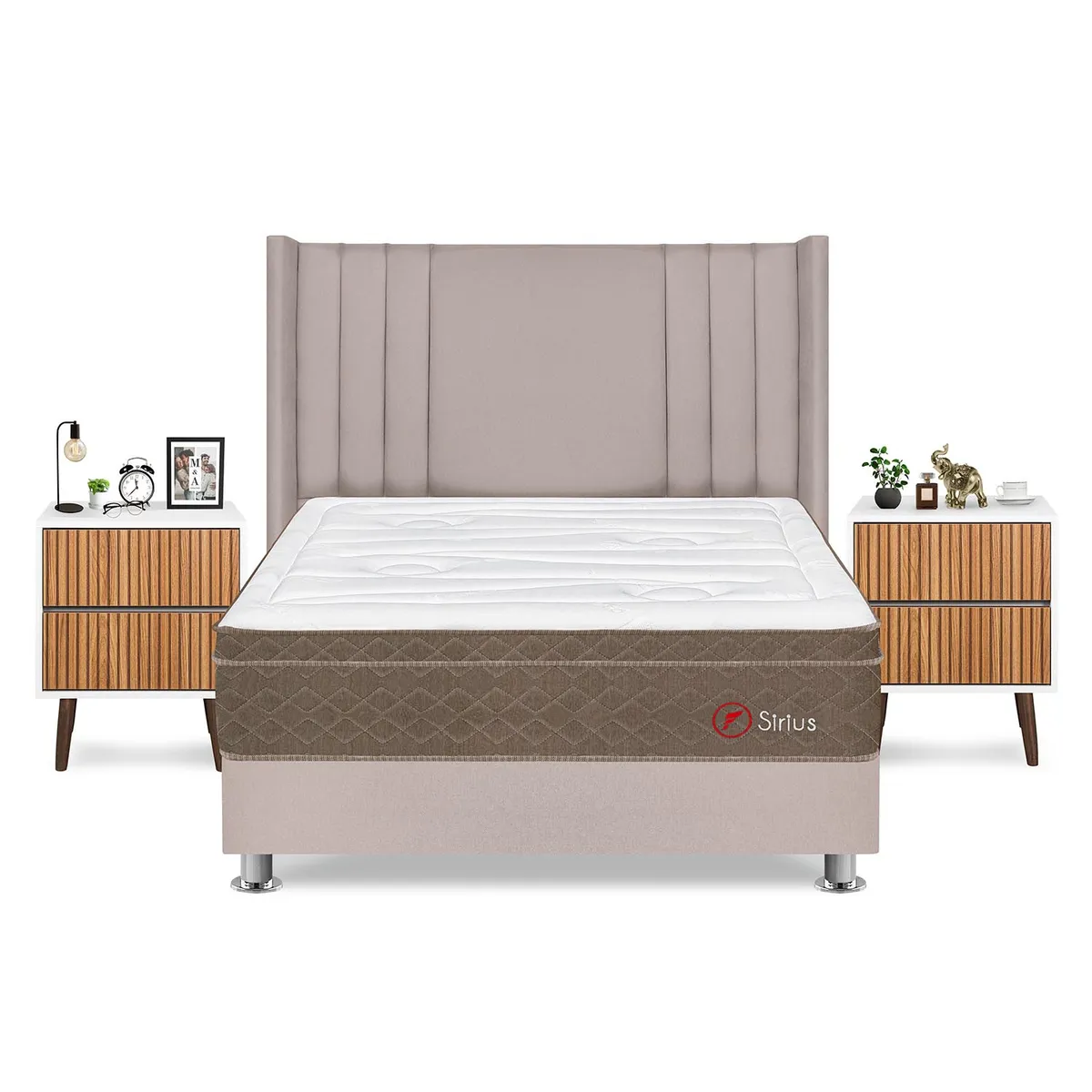 FORLI - Dormitorio Sirius King Beige + Velador Milan + Almohada + Protector