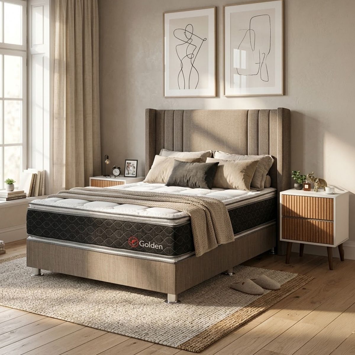 FORLI - Dormitorio Golden 2plz Marron + 2 Veladores Milan + 2 Almohadas + Protector