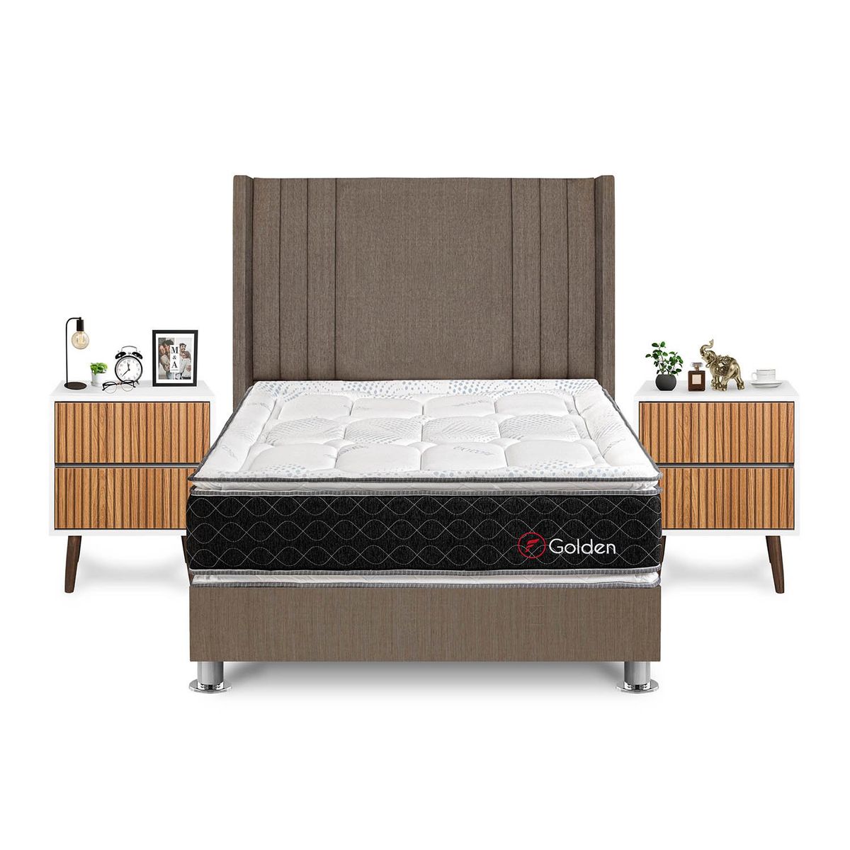 FORLI - Dormitorio Golden 2plz Marron + 2 Veladores Milan + 2 Almohadas + Protector