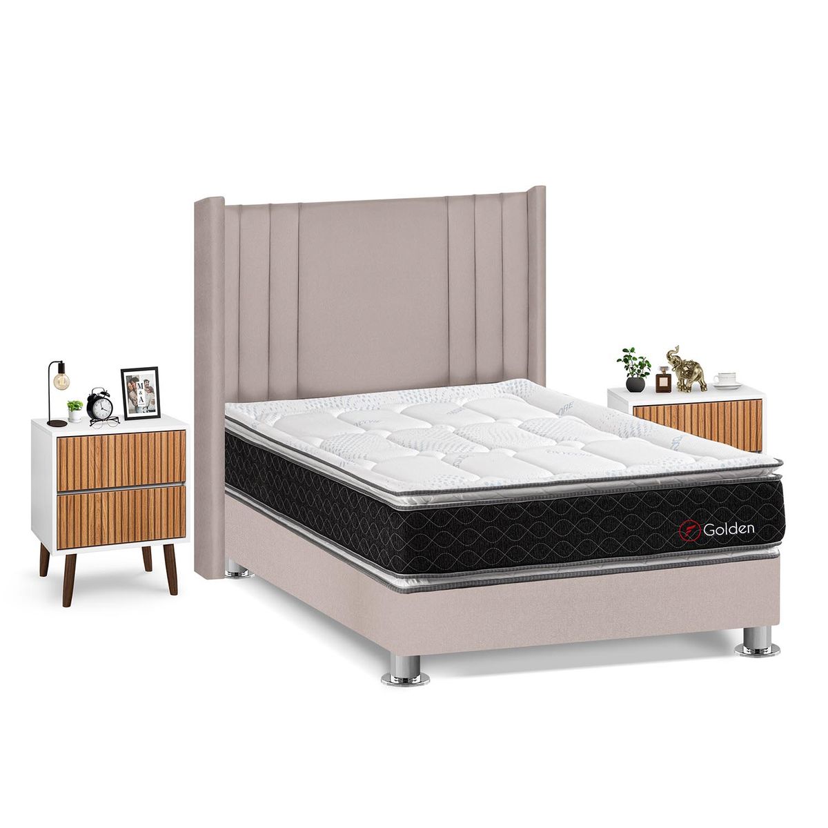 FORLI - Dormitorio Golden 2 plz Beige + Velador Milan + Almohada + Protector