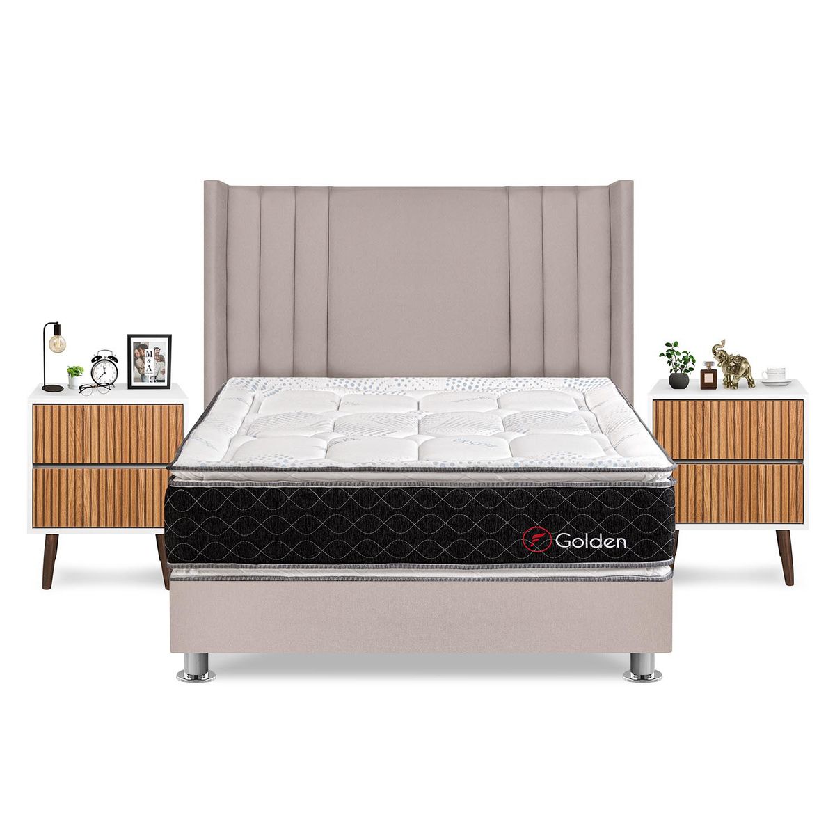 FORLI - Dormitorio Golden Queen Beige + 2 Veladores Milan + 2 Almohadas + Protector