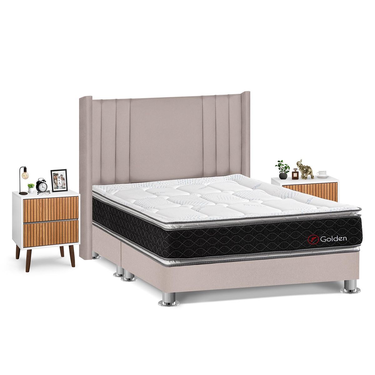 FORLI - Dormitorio Golden Queen Beige + 2 Veladores Milan + 2 Almohadas + Protector