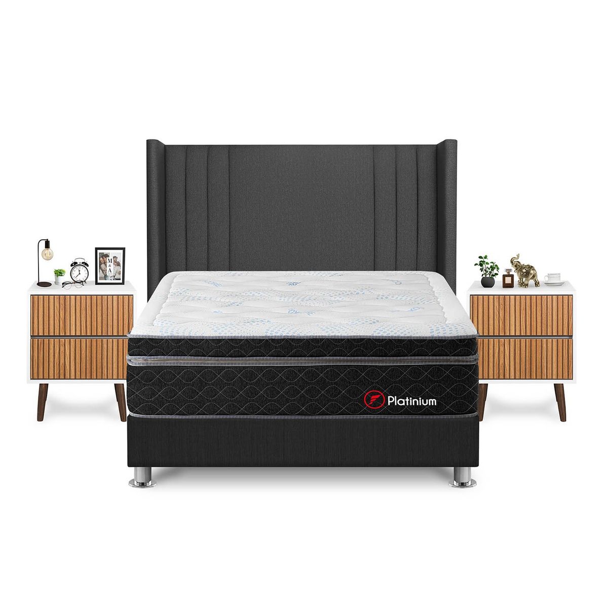 FORLI - Dormitorio Platinium Queen Gris + 2 Veladores Milan + 2 Almohadas + Protector