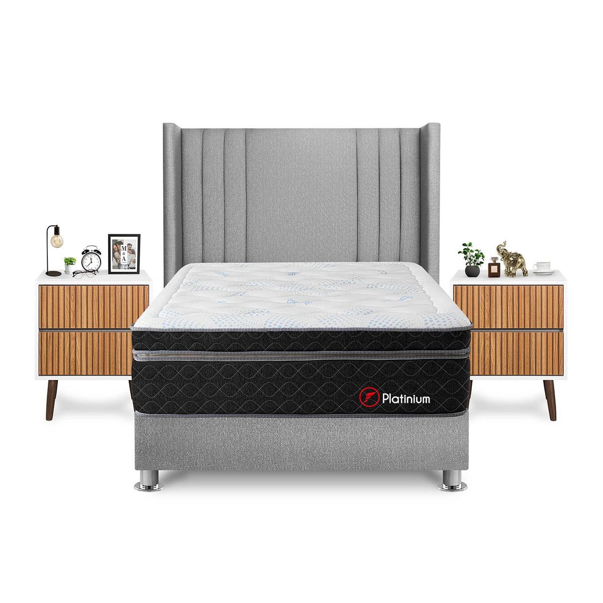 FORLI - Dormitorio Platinium 2plz Plata + 2 Veladores Milan + 2 Almohadas + Protector