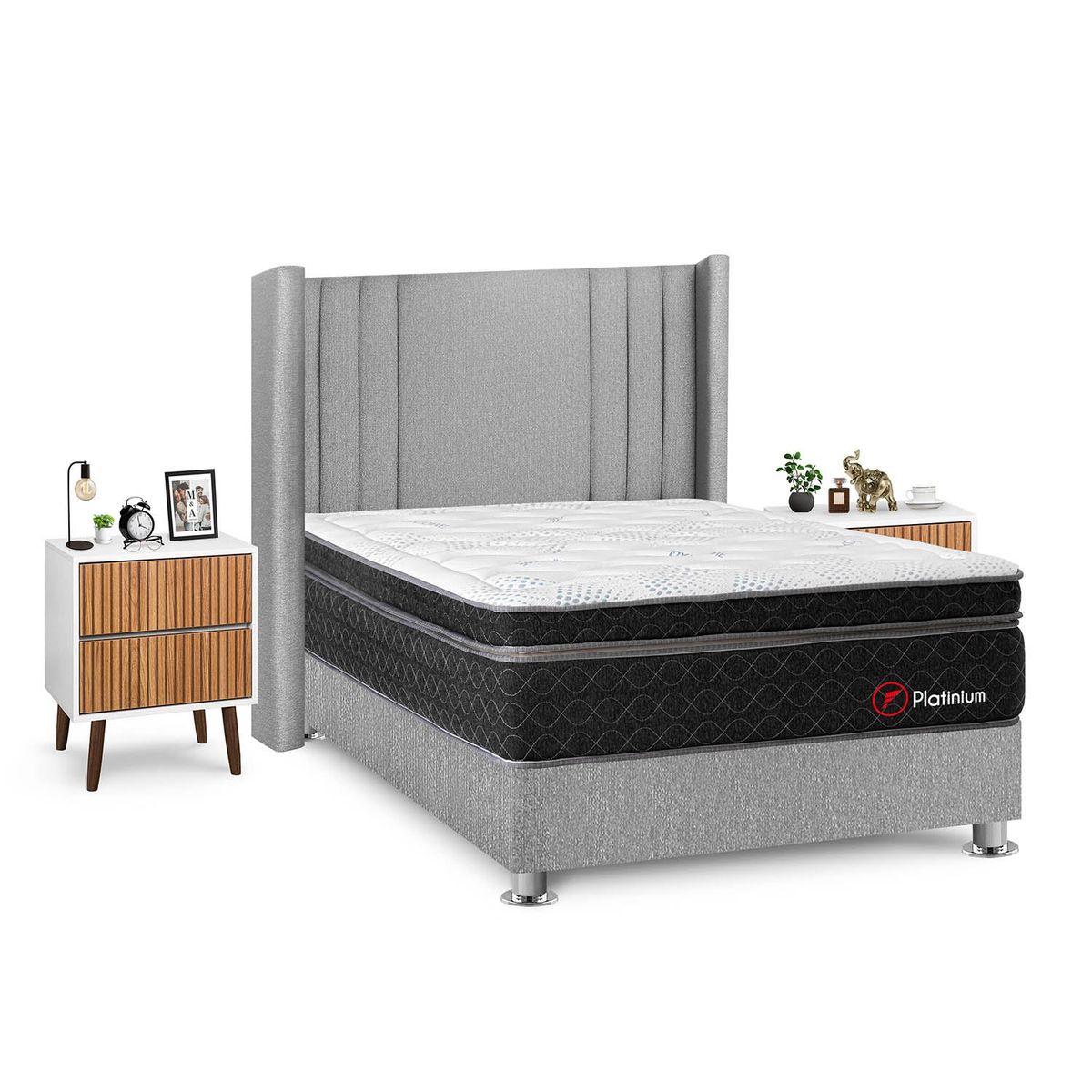 FORLI - Dormitorio Platinium 2plz Plata + 2 Veladores Milan + 2 Almohadas + Protector