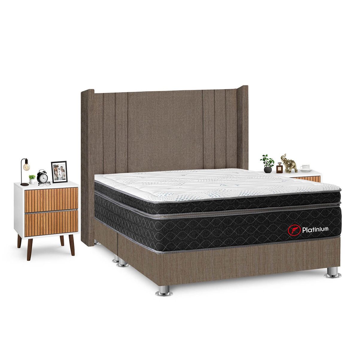 FORLI - Dormitorio Platinium Queen Marrón + 2 Veladores Milan + 2 Almohadas + Protector