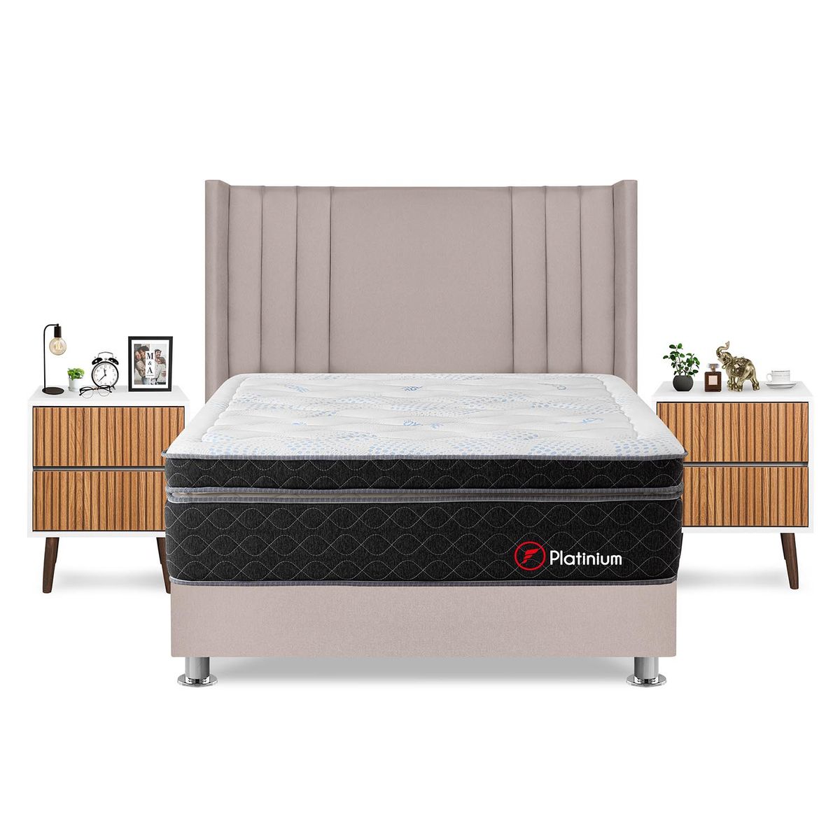 FORLI - Dormitorio Platinium King Beige + 2 Veladores Milan + 2 Almohadas + Protector