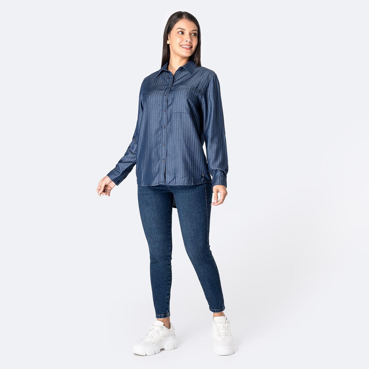 PIONIER - Blusa Jean Manga Larga Casual Mujer Pionier
