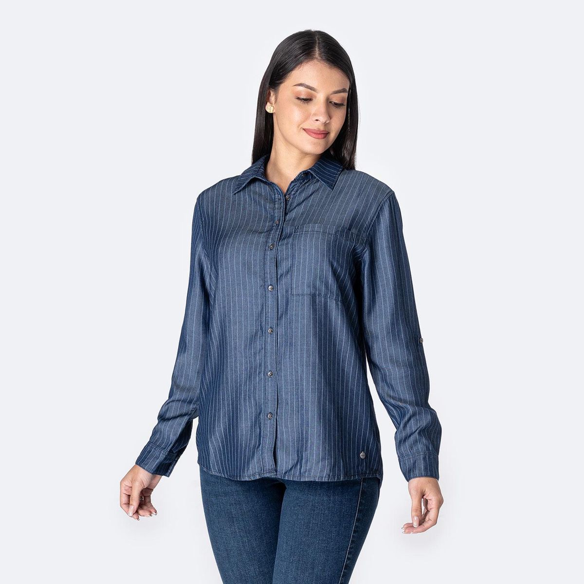 PIONIER - Blusa Jean Manga Larga Casual Mujer Pionier