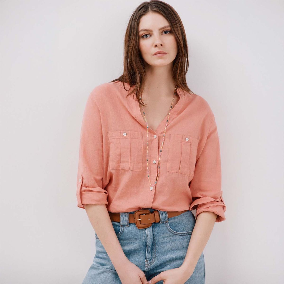 CORTEFIEL - Blusa Manga Larga Lino Mujer Cortefiel