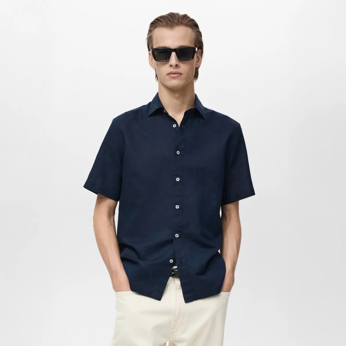 MANGO - Camisa Lino Manga Corta Mango Man