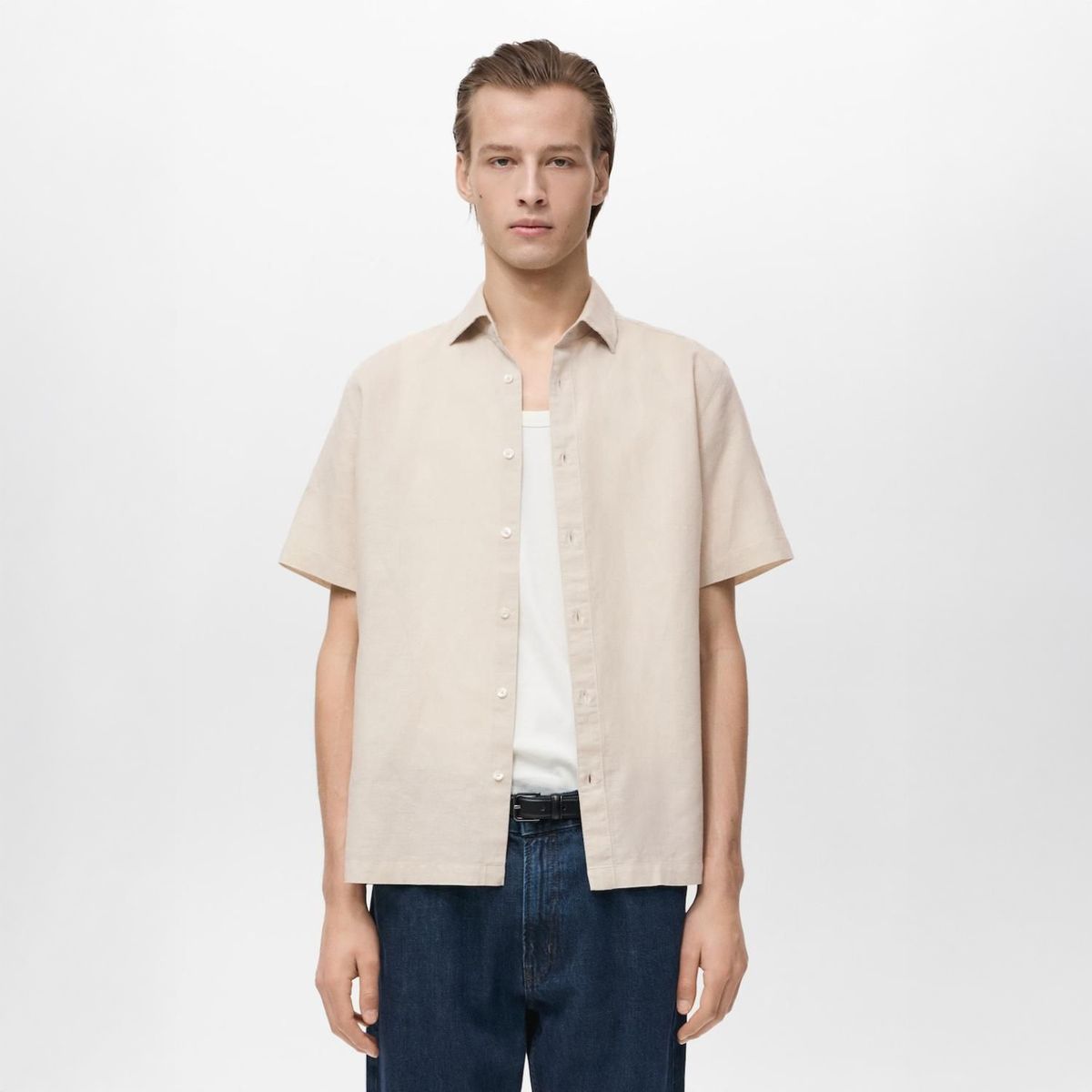 MANGO - Camisa Lino Manga Corta Mango Man