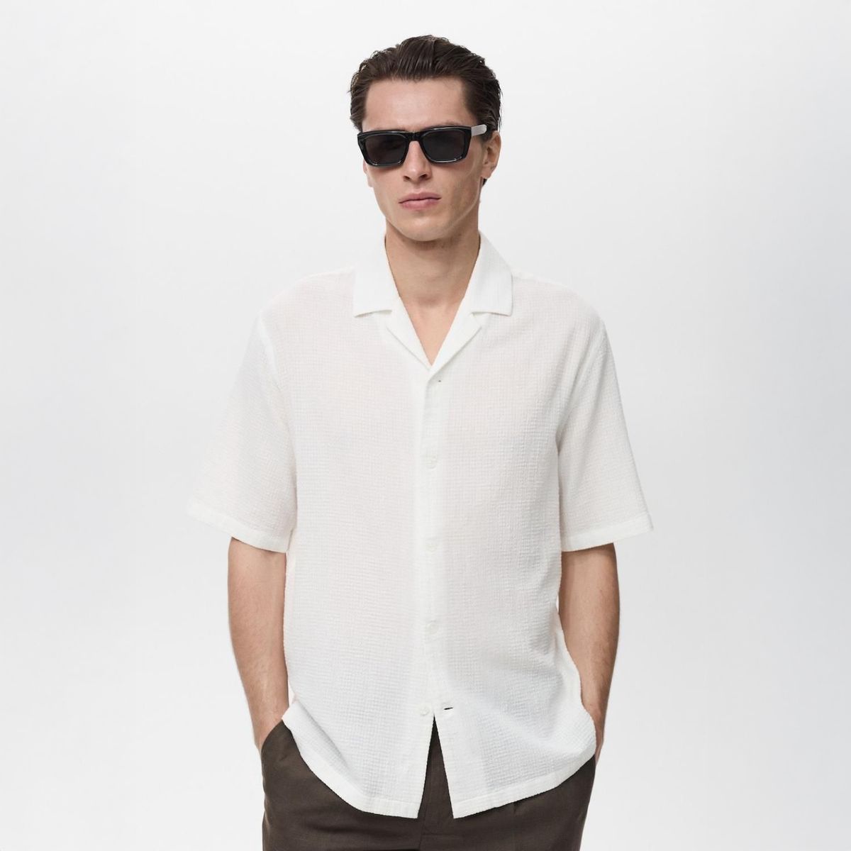 MANGO - Camisa Seersucker Cuello Bowling Mango Man