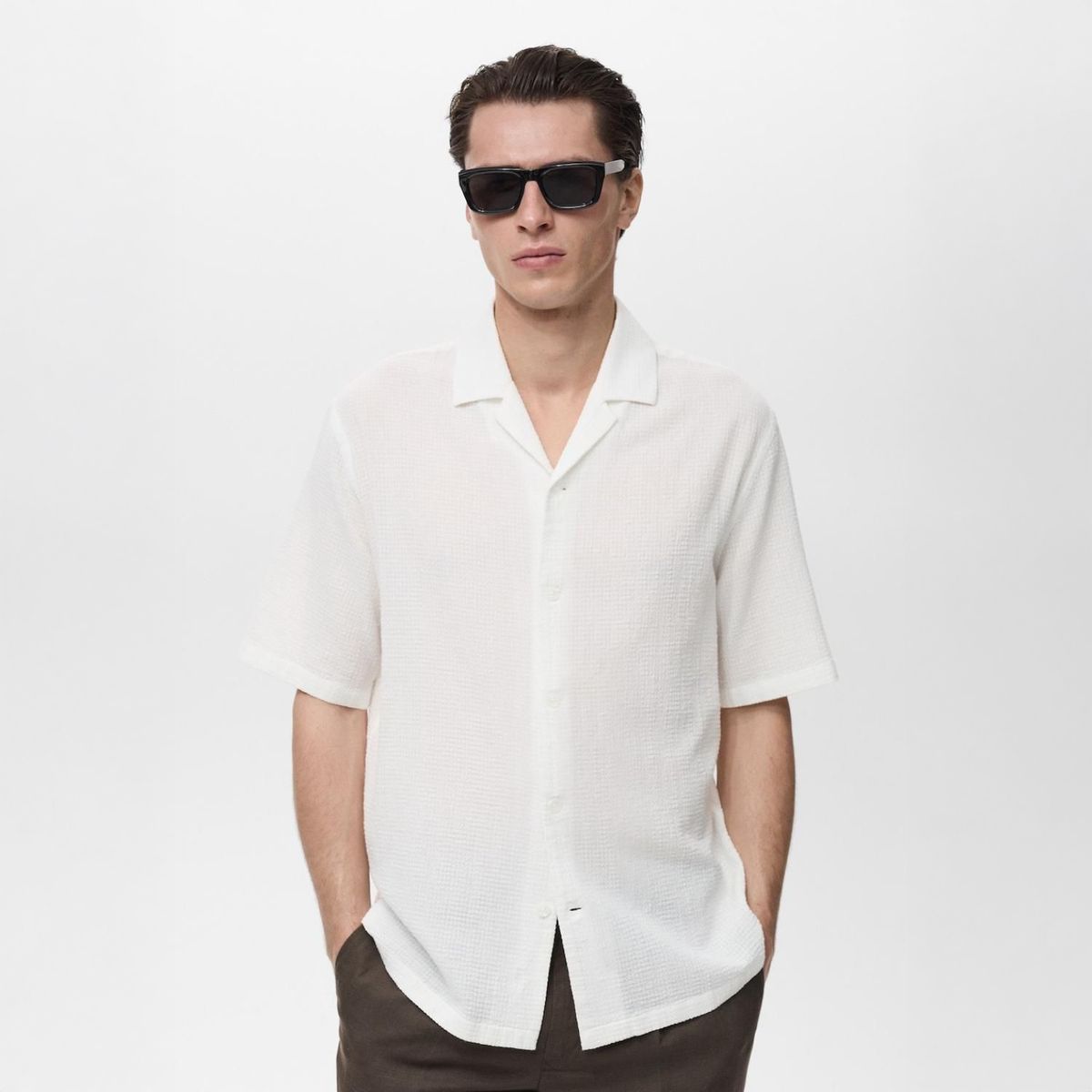 MANGO - Camisa Seersucker Cuello Bowling Mango Man