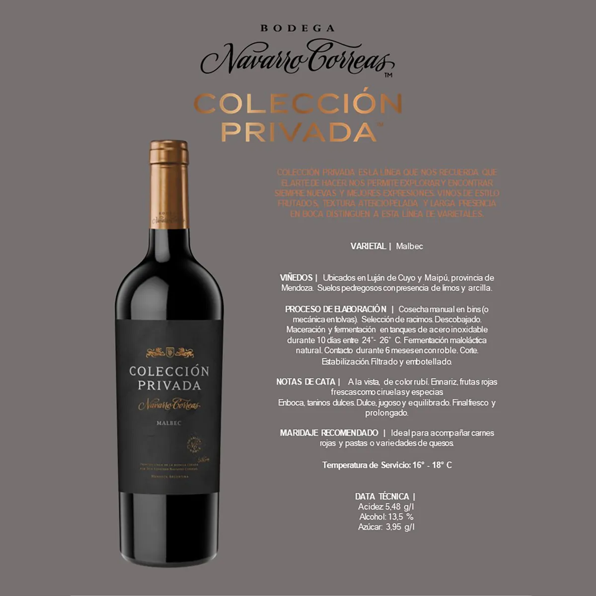 NAVARRO CORREAS - Vino Tinto Malbec Colección Privada Navarro Correas X 750 Ml