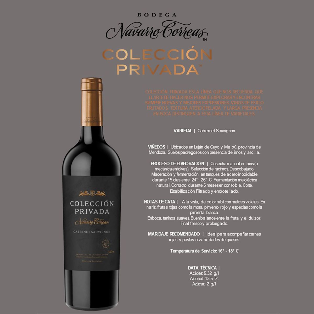 NAVARRO CORREAS - Vino Tinto Cabernet Sauvignon Colección Privada Navarro Correas X 750 Ml