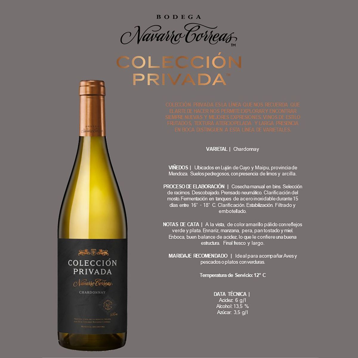 NAVARRO CORREAS - Vino Blanco Chardonnay Colección Privada Navarro Correas  X 750 Ml