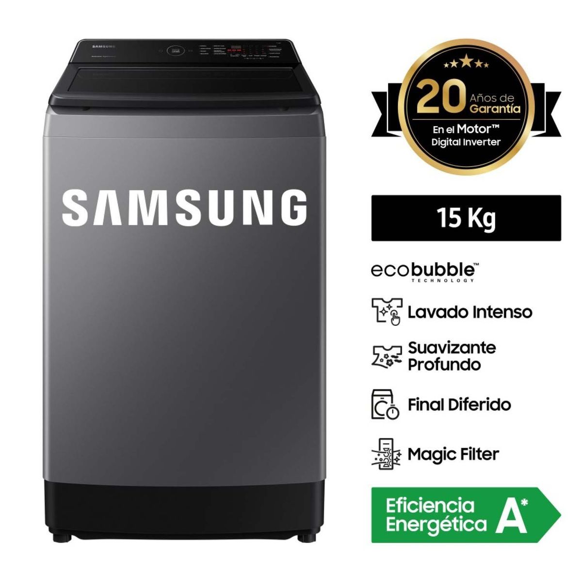 SAMSUNG - Lavadora Ecobubble 15Kg Gris WA15CG5441BDPE