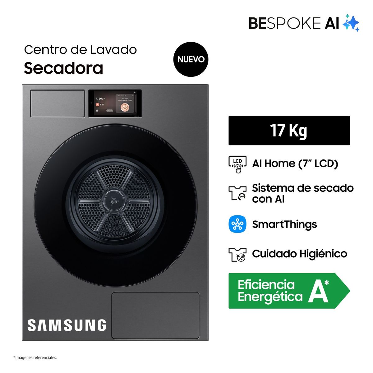 SAMSUNG - Secadora Samsung Bespoke Ai 17kg Acero Oscuro Dv90f17cdspe