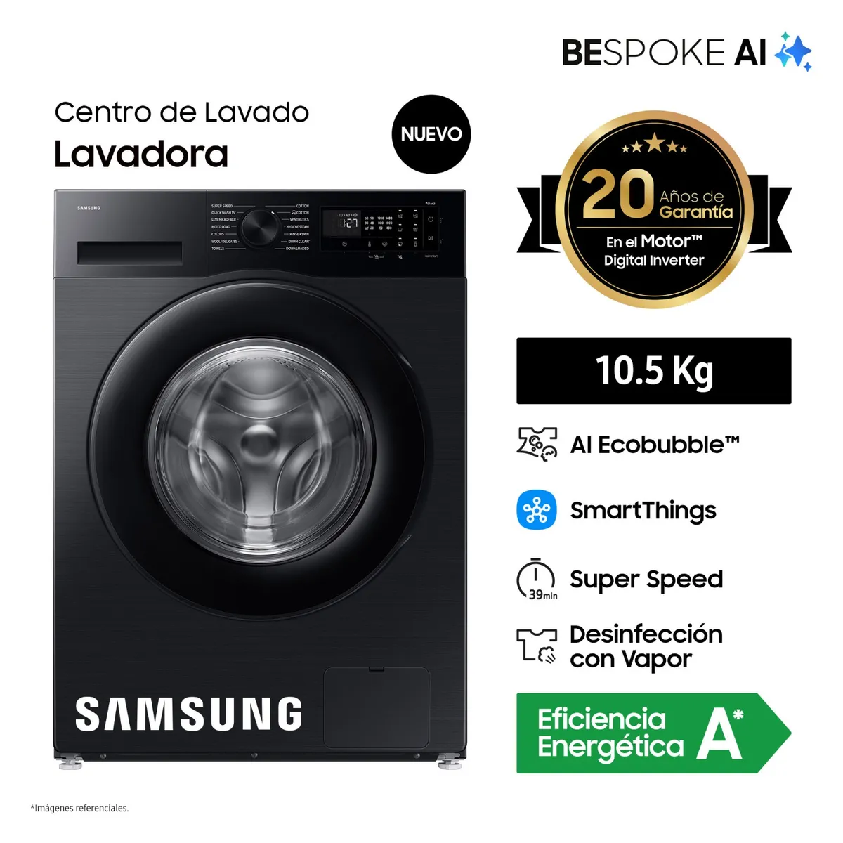 SAMSUNG - Lavadora Bespoke AI 10.5Kg Negra WW10DG5U34ABPE