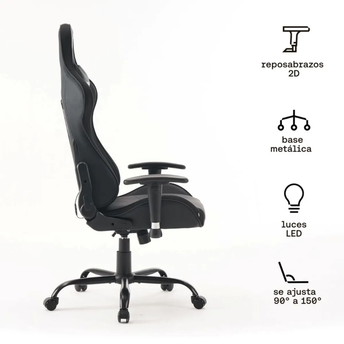 KUZLER - Silla Gamer con Luces Led RGB con Base Metálica y Reclinación 150°