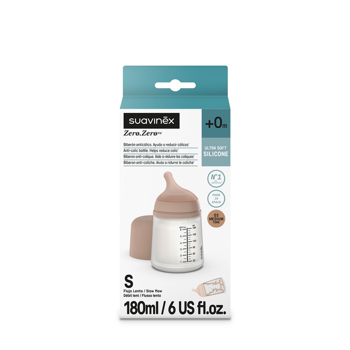 SUAVINEX - Biberón Anticólico Zero Zero Flujo Lento (s) Medium 180 Ml Suavinex