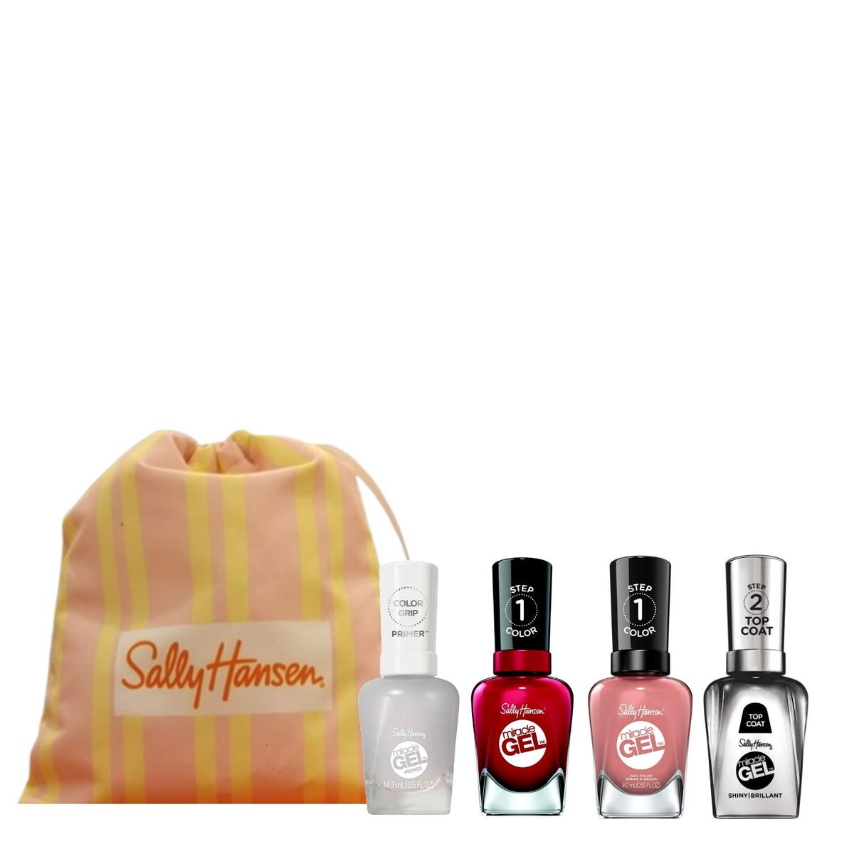 SALLY HANSEN - Pack Miracle Gel Primer + 2 Esmaltes + Top Coat Brillo + Beauty Bag