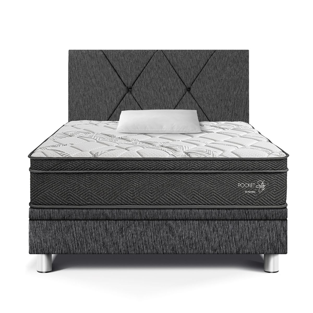 PARAISO - Dormitorio Boxet Loft Pocket Star 1.5plz Charcoal + 1 Almohada + 1 Protector