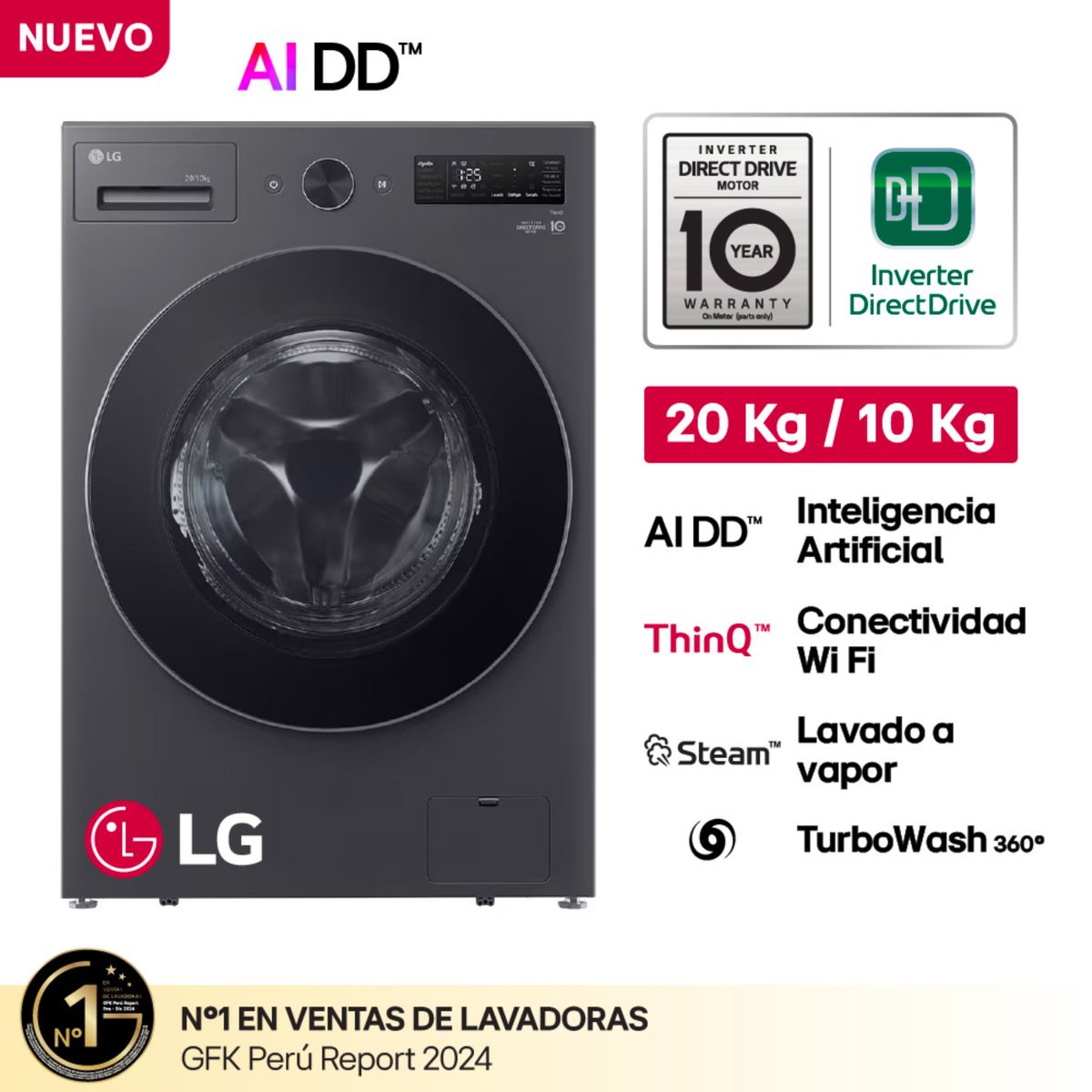 LG - Lavaseca WD20EGNTSPG 20kg/10kg AI DD Carga Frontal Grafito LG
