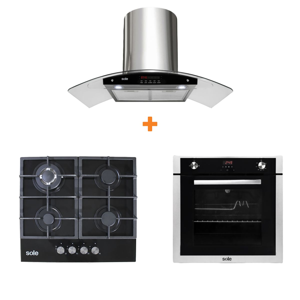 SOLE - Combo encimera vidrio temp gas 60cm+campana extract. sole venus pluss 90cm+horno empotrable gas premium