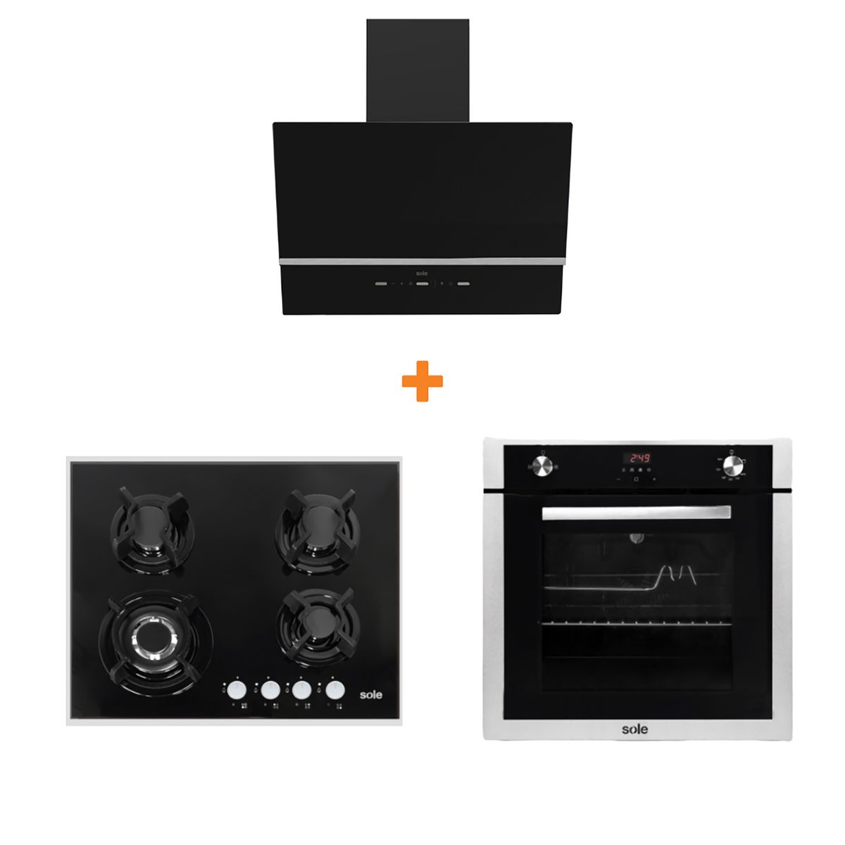 SOLE - Combo cocina empotrable gas vidrio 60cm+sole campana nimbus 60cm+horno empotrable gas premium